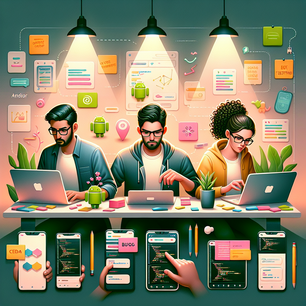 Illustration of a mobile app development team in a creative workspace.