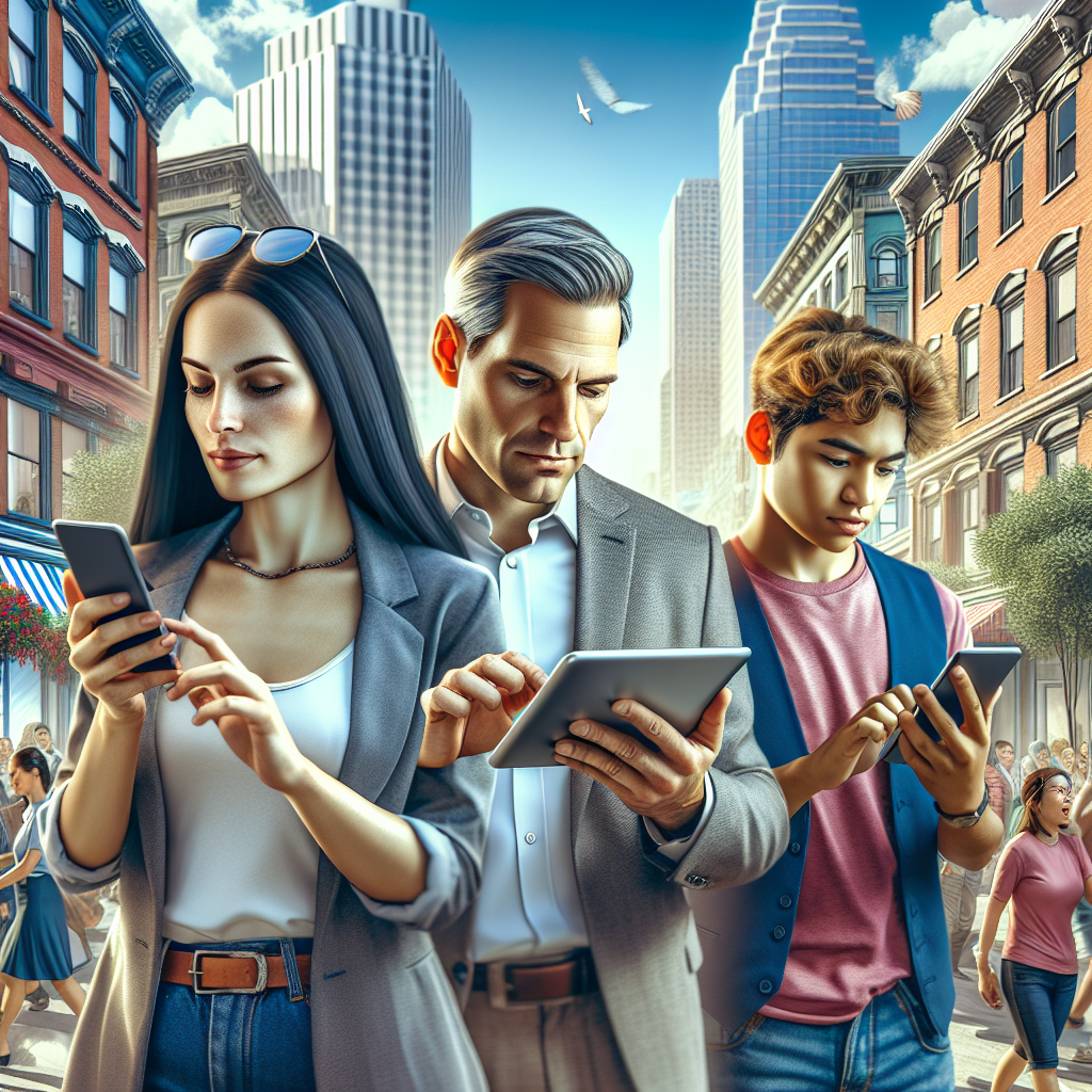 A diverse group of people interacting with mobile apps in a city setting.