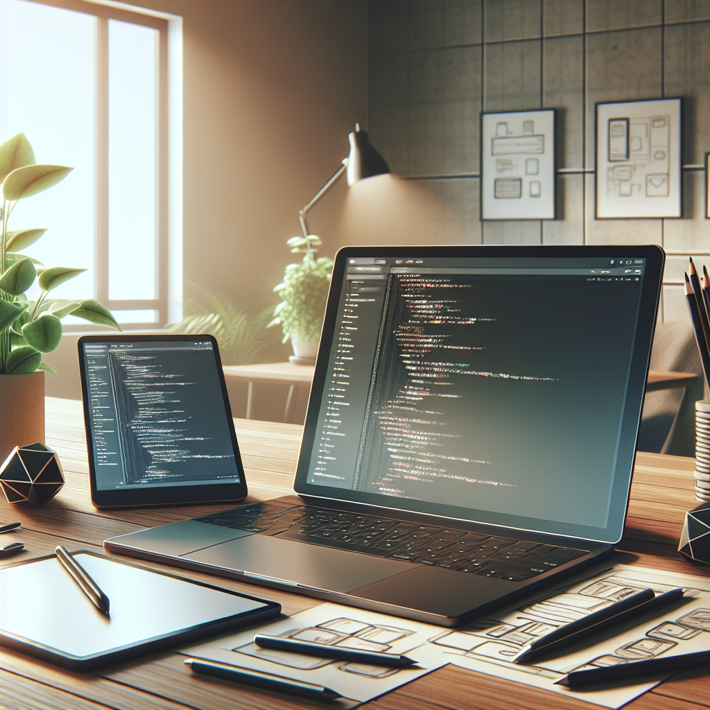 A digital workspace featuring a laptop, design tools, and a potted plant.