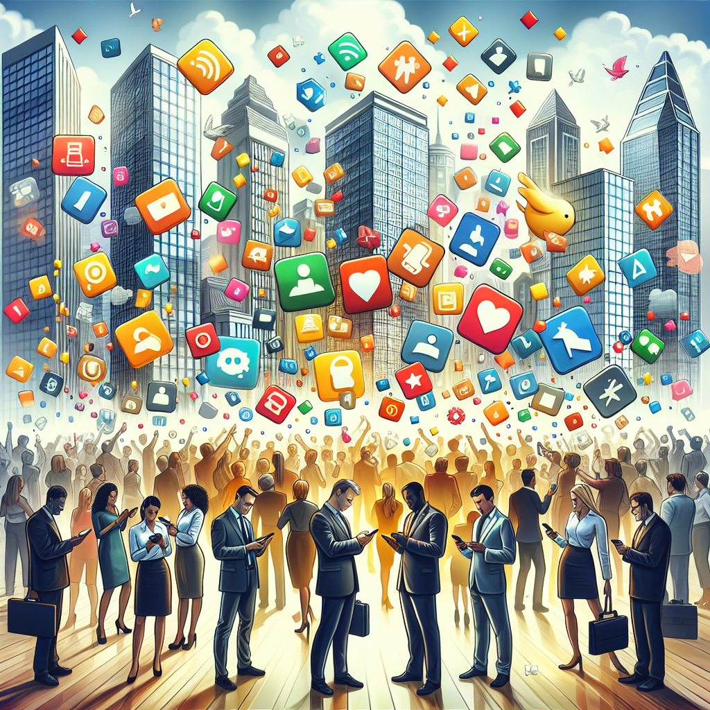 A city scene representing mobile application development with diverse people and app icons.