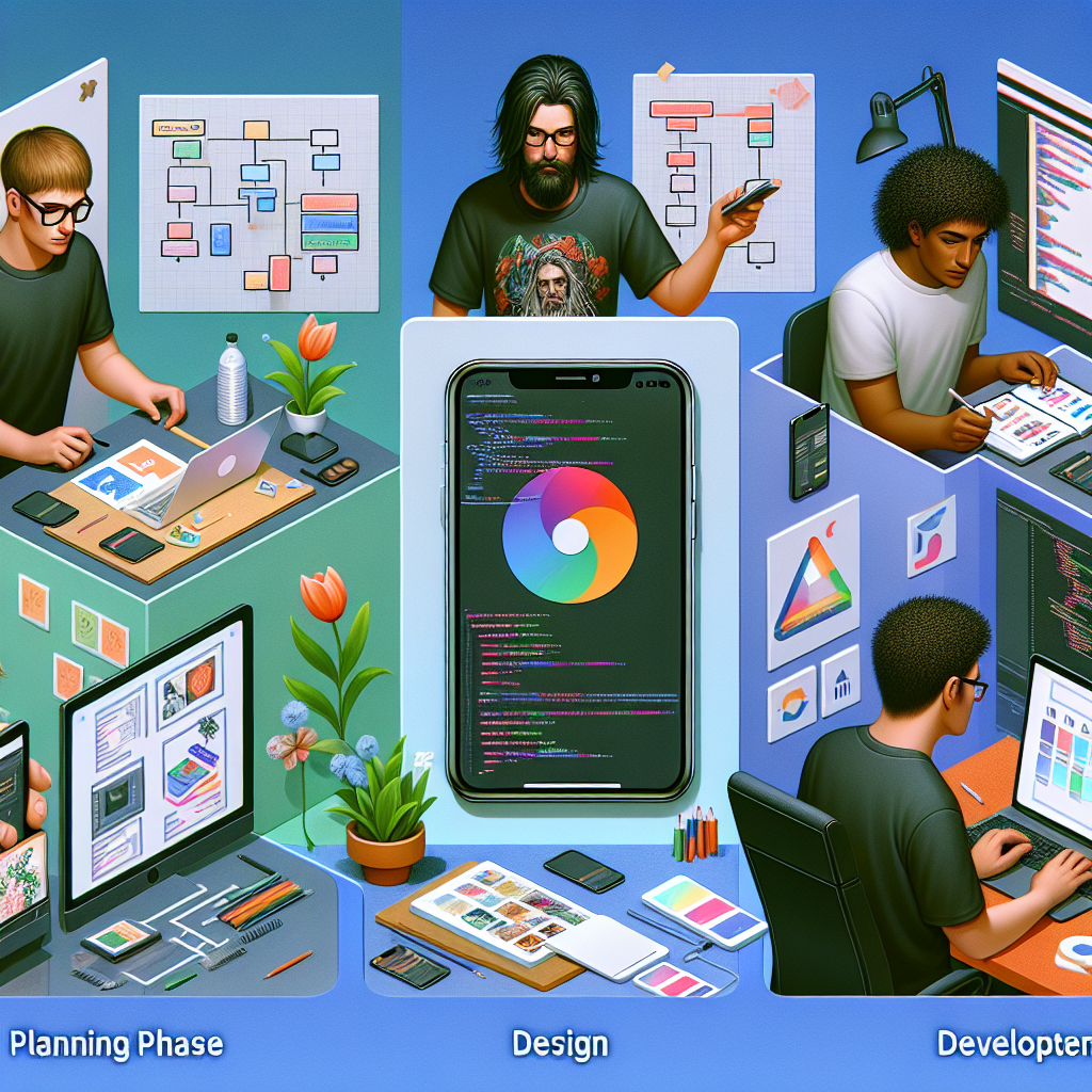 Illustration of the mobile application development process with diverse people in each phase.