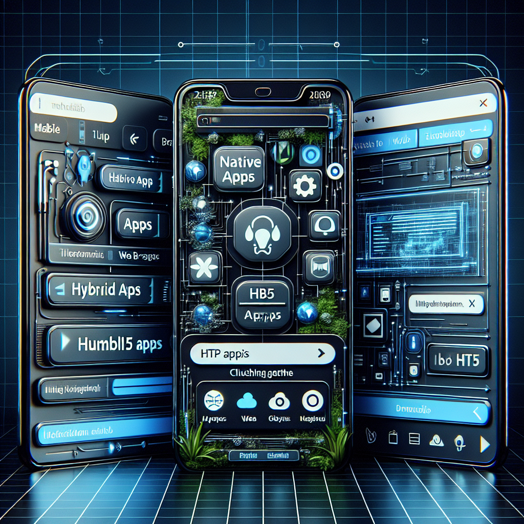 A visual representation of mobile app development concepts, showcasing Native, Hybrid, and HTML5 apps.