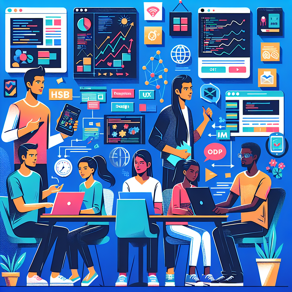 An illustration of the mobile application development process showing various steps including brainstorming, market research, design, development, and deployment.