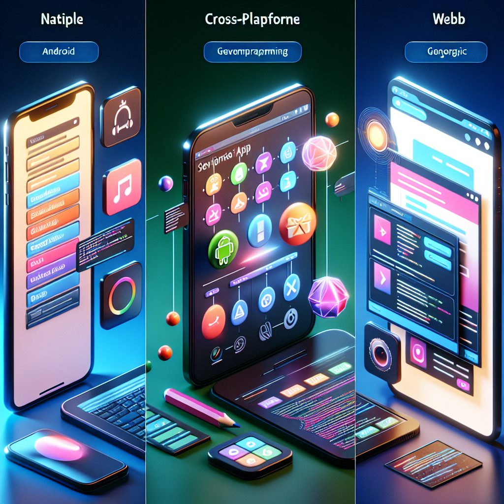 An illustration of mobile app development technologies showing native apps, cross-platform apps, and web apps.