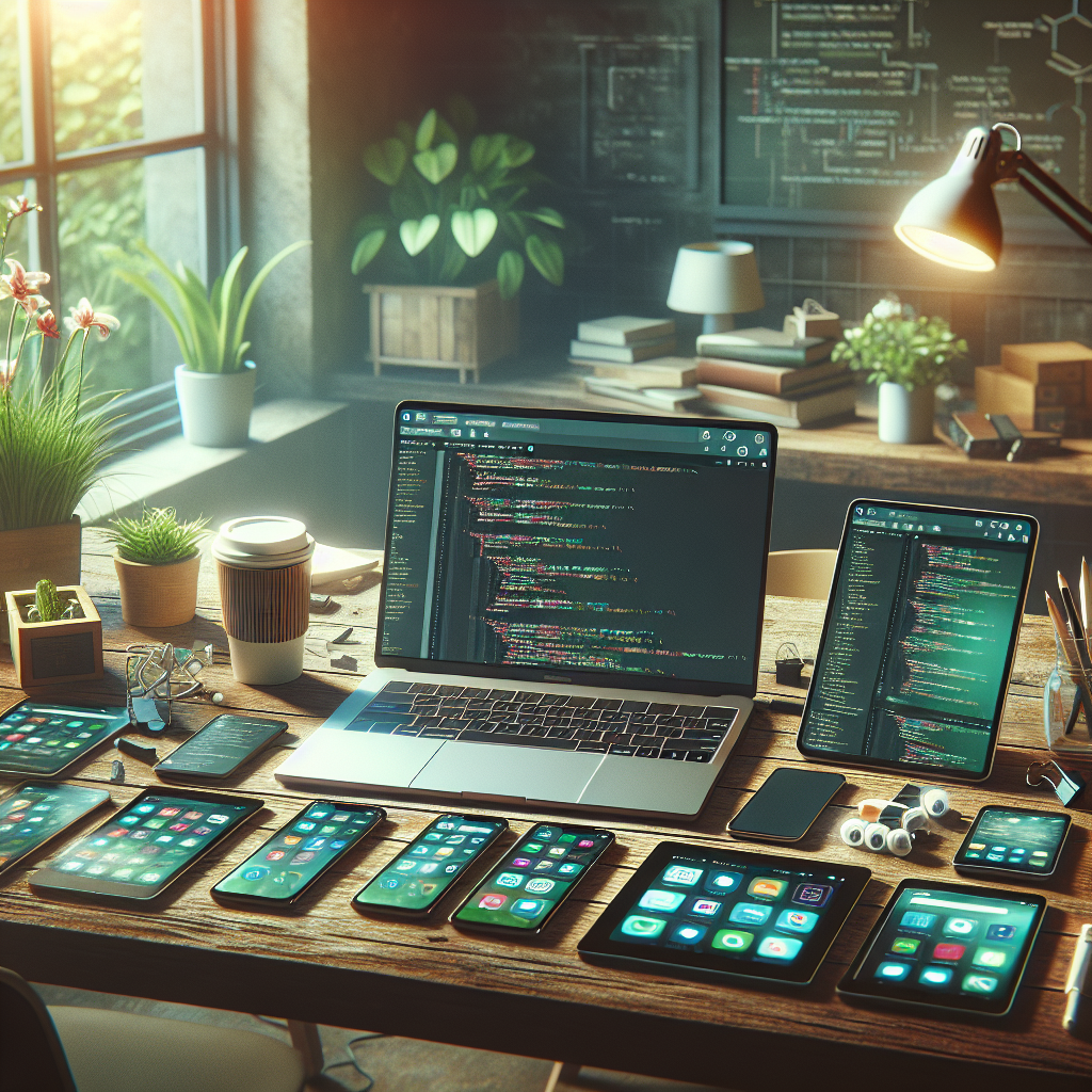 A developer's workspace depicting mobile app development with a laptop, smartphone, and tablet.