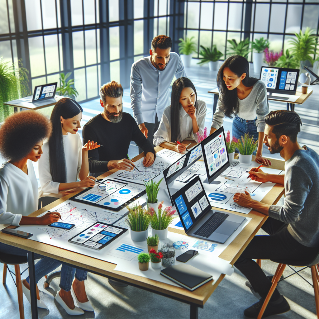 A group of diverse people brainstorming the mobile application development process in a modern office.