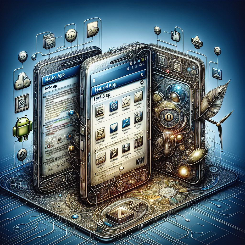 An illustration showcasing different types of mobile apps: native, hybrid, and HTML5, with a focus on technology.