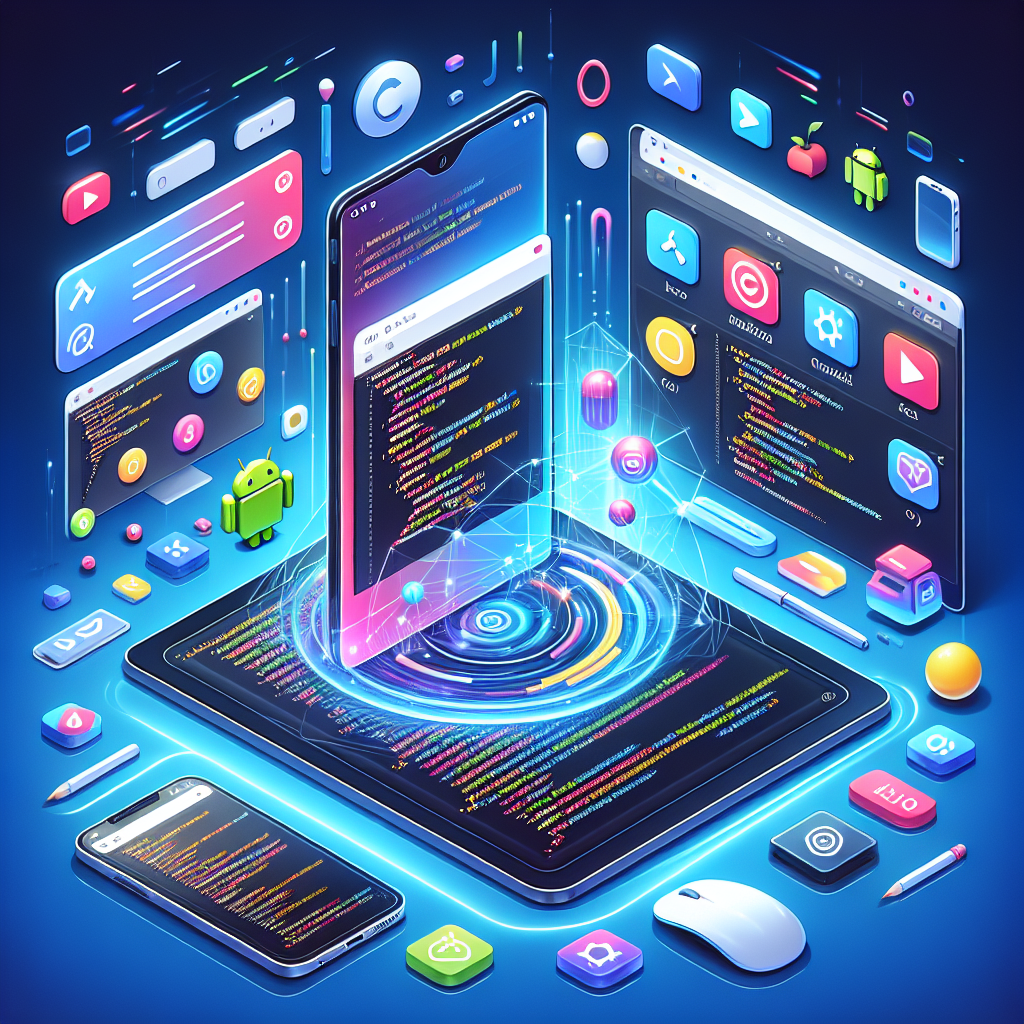 Illustration of mobile app development technologies including Native, Cross-Platform, and Web Apps.