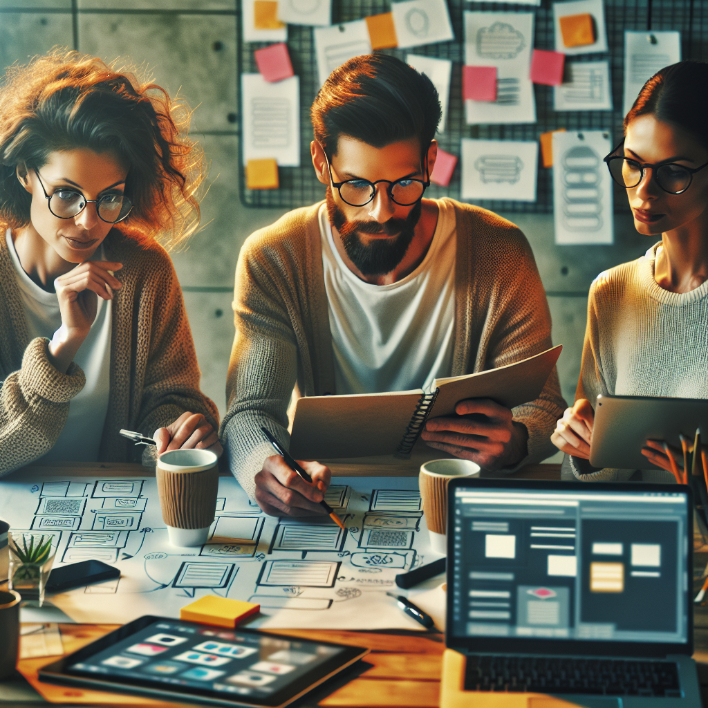 A collaborative workspace scene focused on mobile application development, showcasing diverse individuals engaged in various stages of the process.