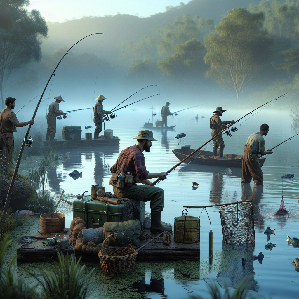 Realistic scene with fishermen employing diverse fishing trends and techniques.