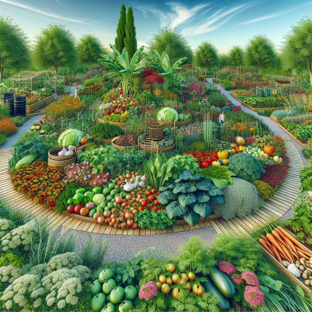 A realistic image of an organic garden with diverse plants, compost area, and stone pathways.