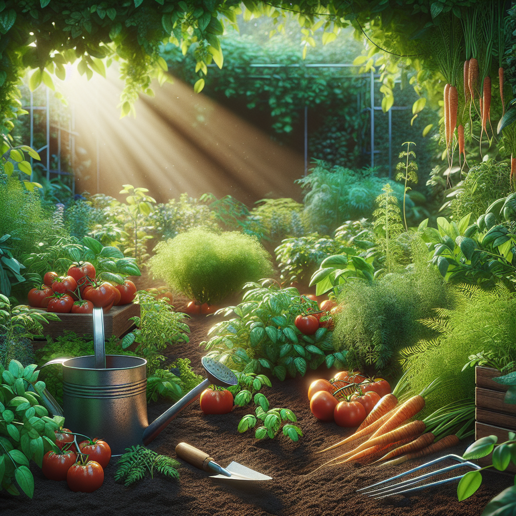 A realistic organic garden with various plants, rich soil, and garden tools.