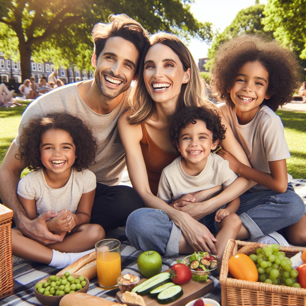 A happy family enjoying a healthy outdoor picnic in a sunny park.