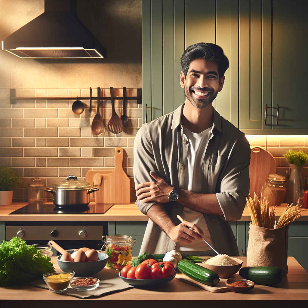 A realistic image of a person preparing a budget-friendly meal in a modern kitchen setup.