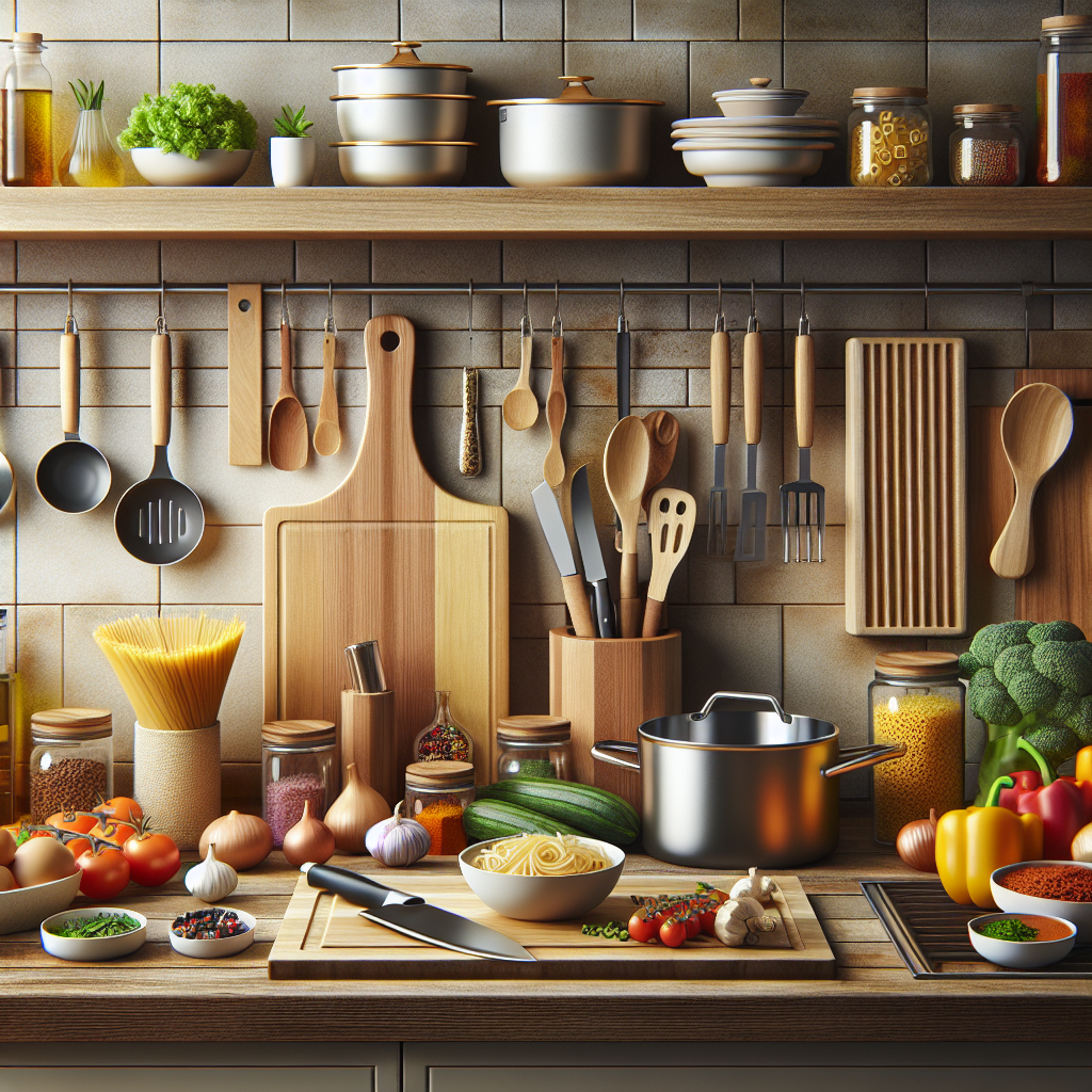A clean, organized kitchen showcasing budget-friendly cooking ingredients and utensils.