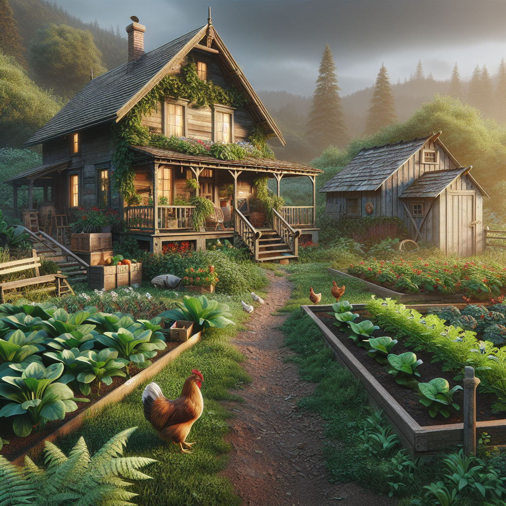 A cozy farmhouse with a vegetable garden, chickens roaming freely, and a wooden shed, depicting a homesteading scene.