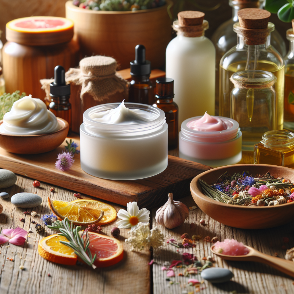 Homemade beauty products with natural ingredients on a wooden table