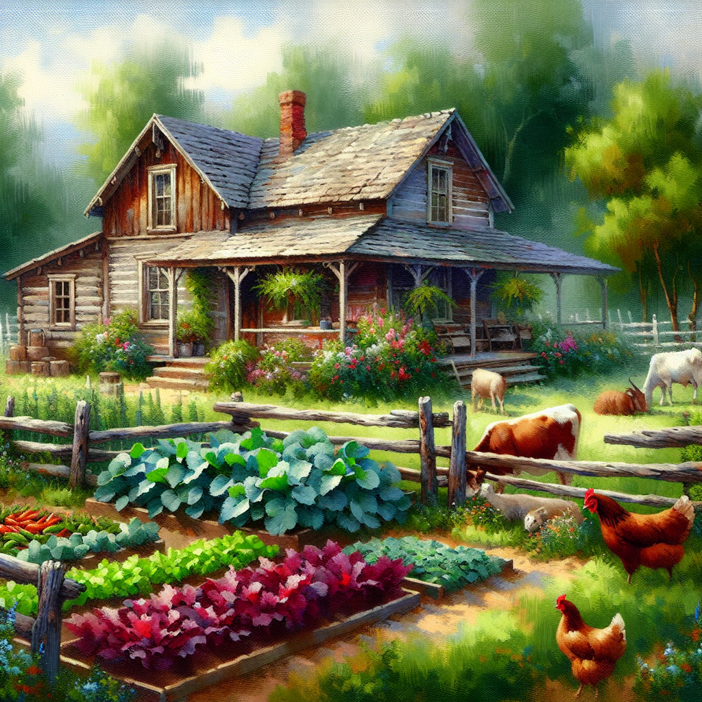 A realistic depiction of a homestead with a countryside farmhouse, vegetable garden, and farm animals.