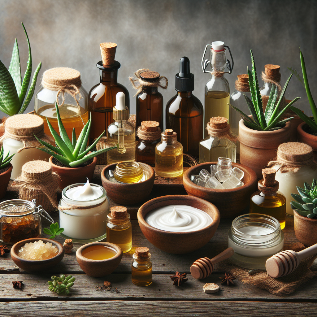 Realistic image of homemade beauty products on a wooden table.