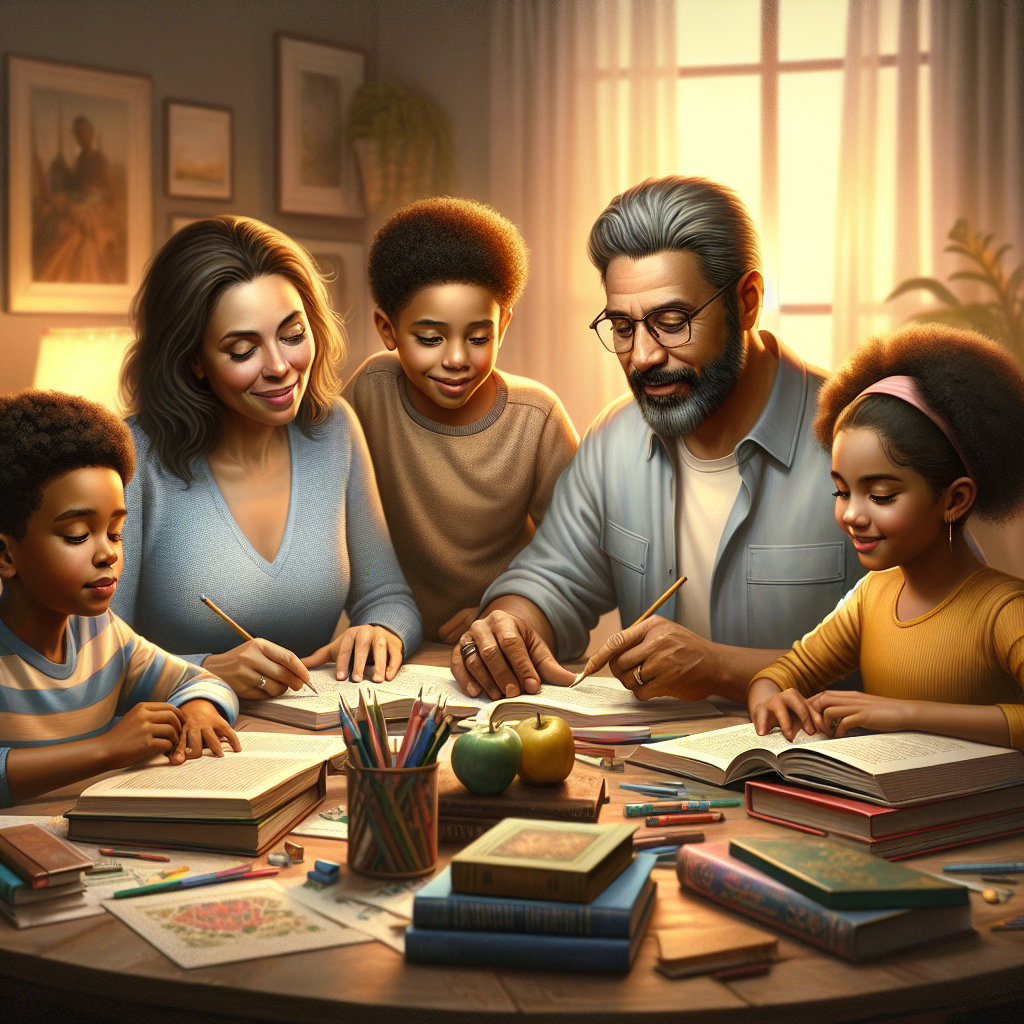 A family engaged in homeschooling around a table with books and educational materials in a realistic style.