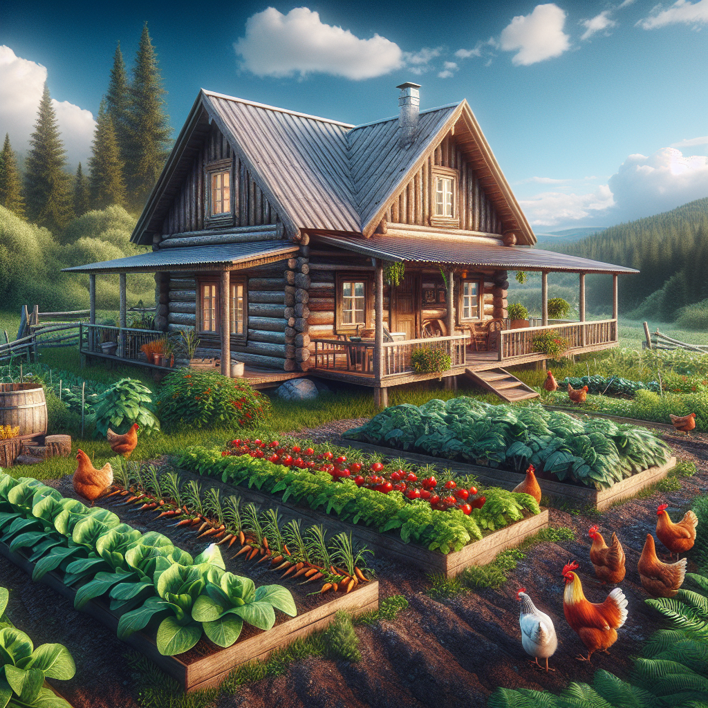 A realistic scene of homesteading with a rustic cabin, a vegetable garden, free-roaming chickens, and a lush forest backdrop.