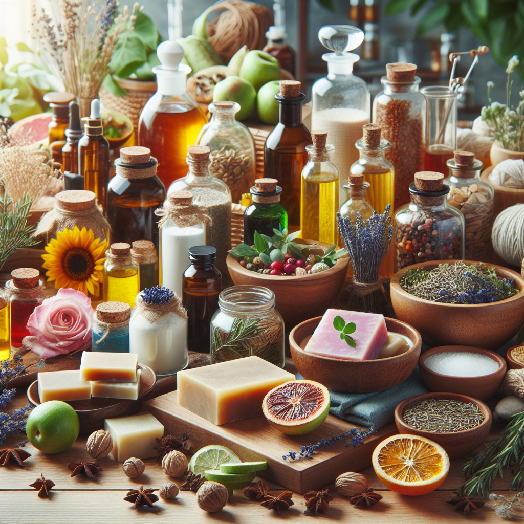 A realistic depiction of homemade beauty products including handmade soaps, jars of creams, essential oils, and fresh natural ingredients like flowers, herbs, and fruits.