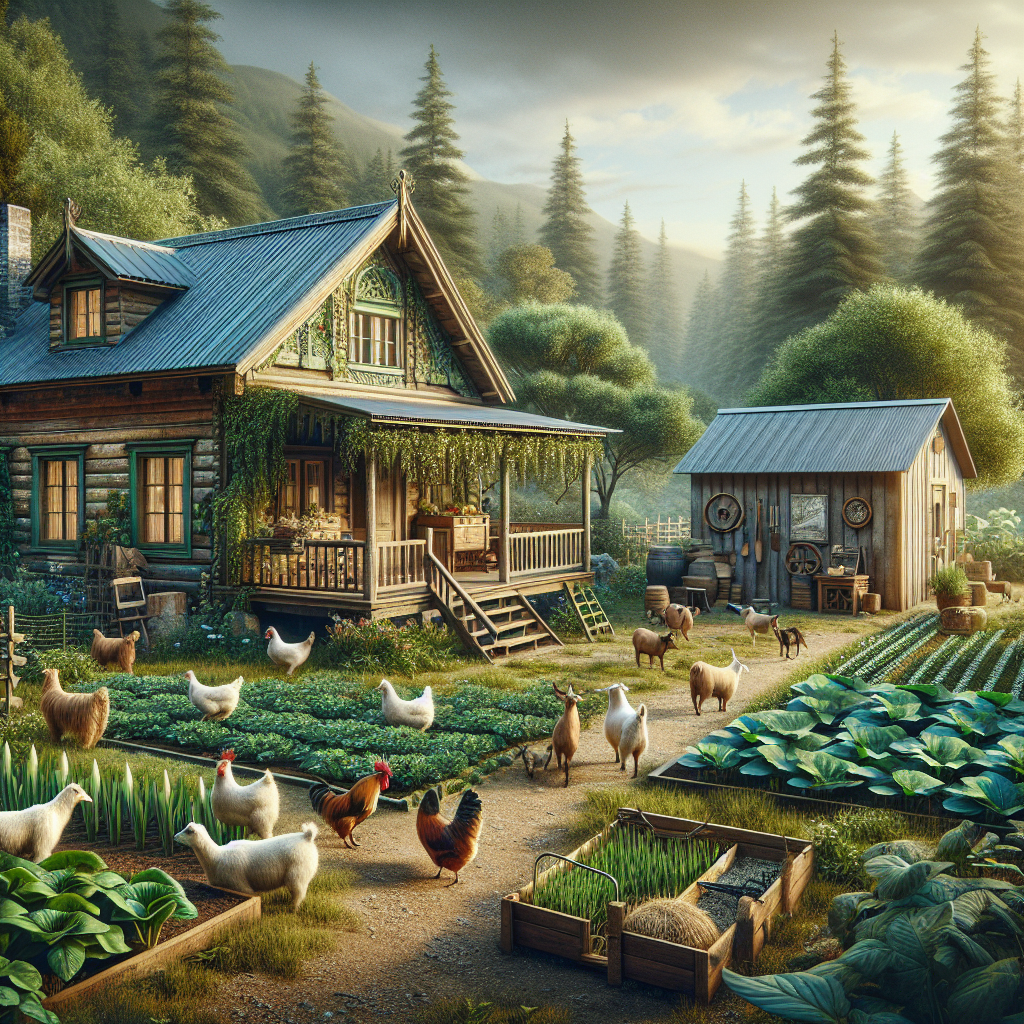 A realistic image of a cozy homesteading scene with a wooden cabin, farm animals, and a vegetable garden.