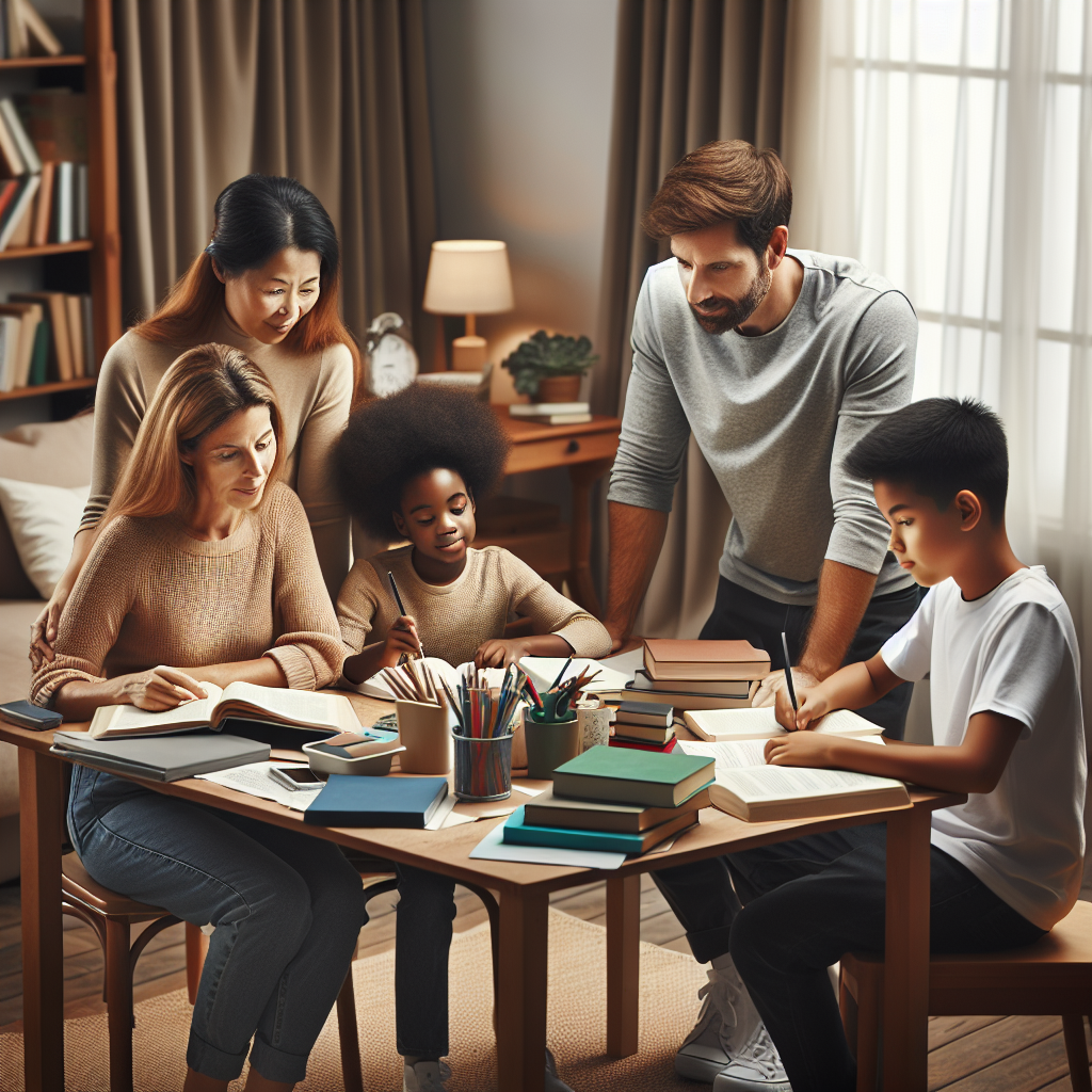 A family engaging in homeschooling activities around a table with books and educational materials.