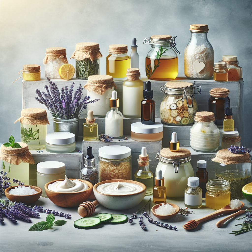 Collection of homemade beauty products including face creams and essential oils on a counter with natural ingredients.