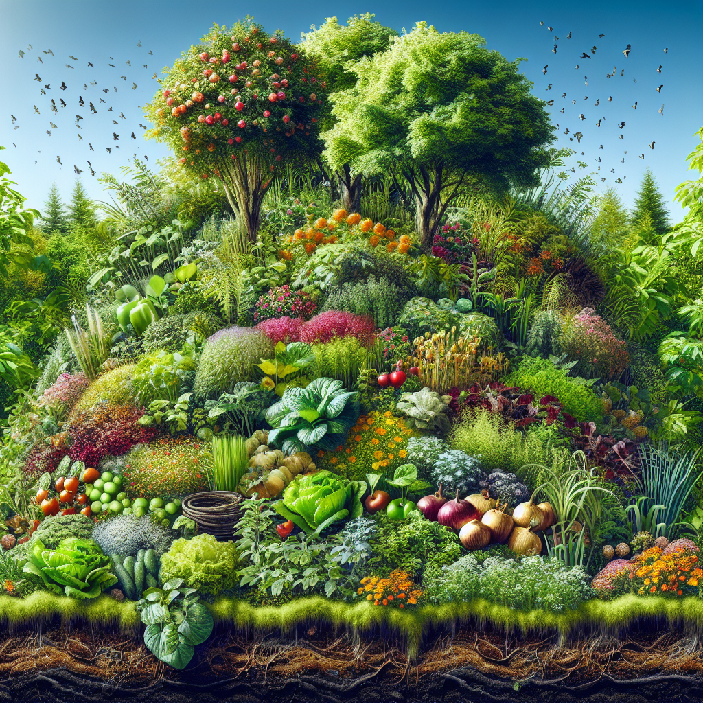 A realistic depiction of a lush permaculture garden with diverse plants and a harmonious design.
