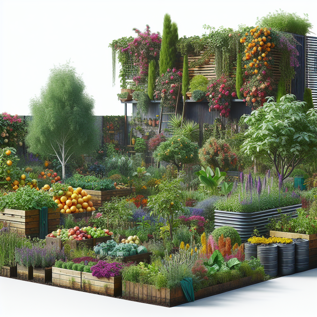 A realistic depiction of a lush permaculture garden with diverse plants and sustainable elements.