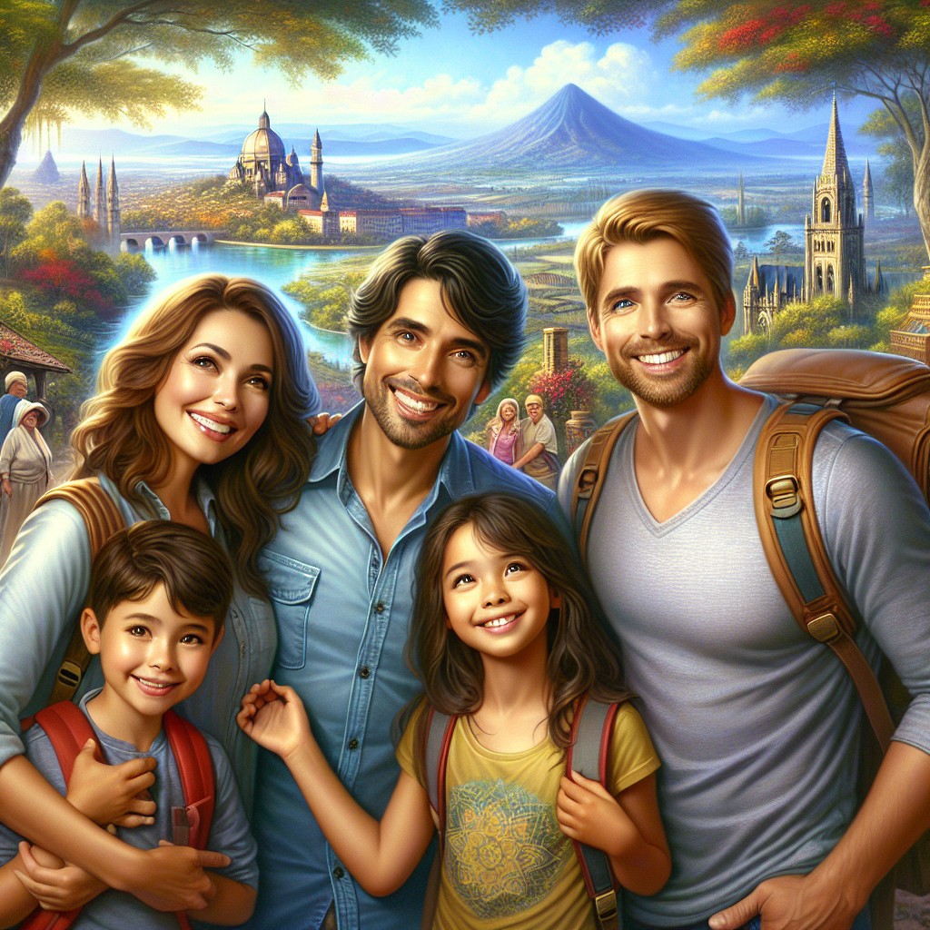 A realistic depiction of a happy family traveling together.