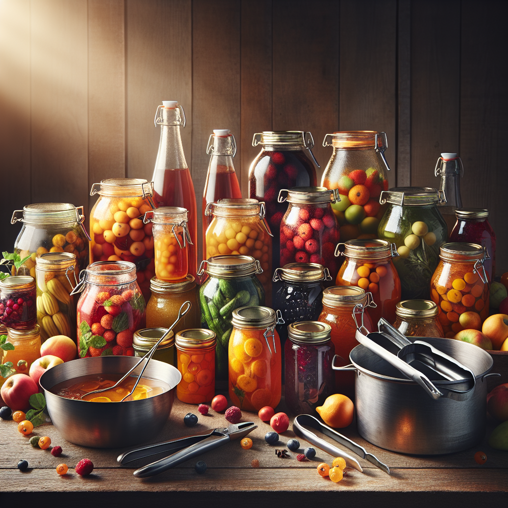 Realistic image of home canning with jars of preserves and canning tools on a rustic table.