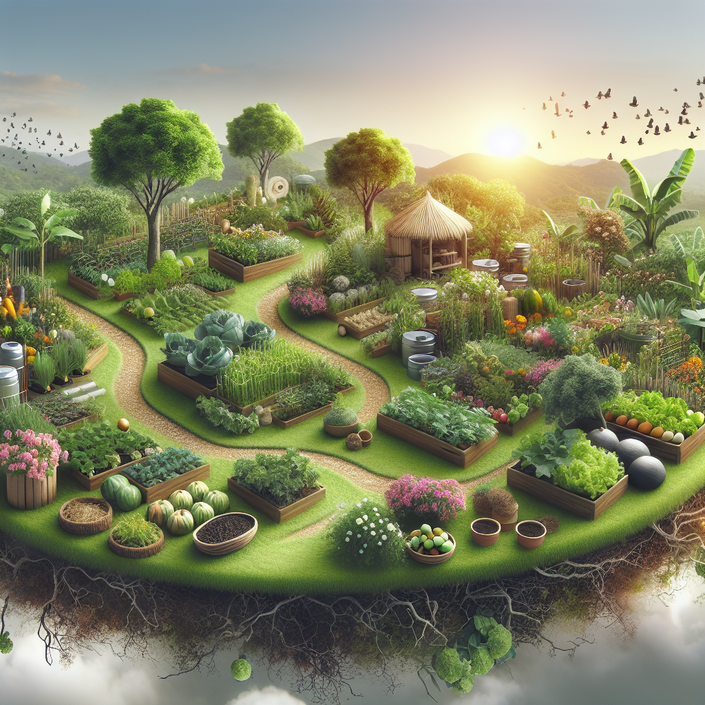 A realistic depiction of a lush permaculture garden with diverse plants and sustainable elements.