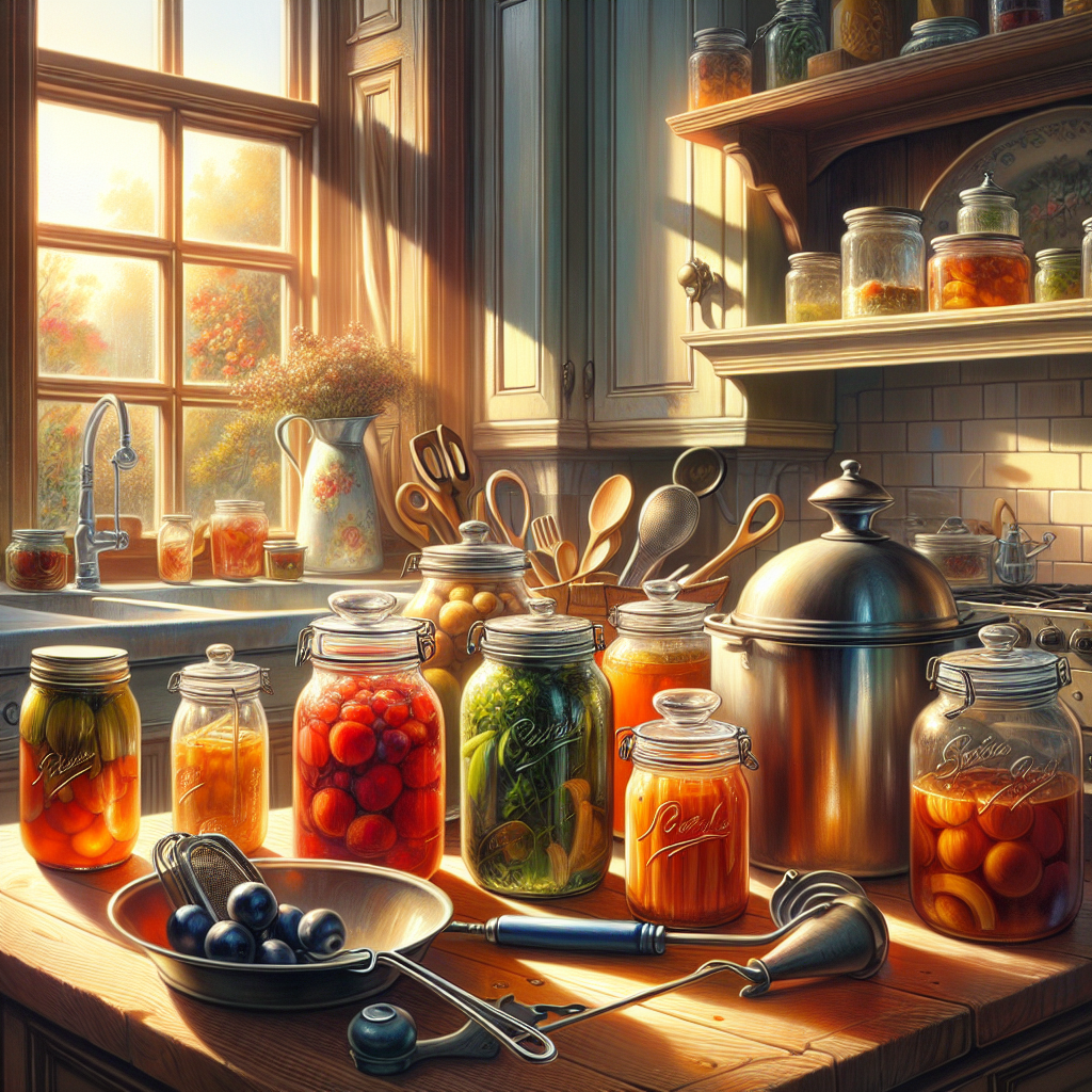 A realistic depiction of a home canning setup in a cozy kitchen.