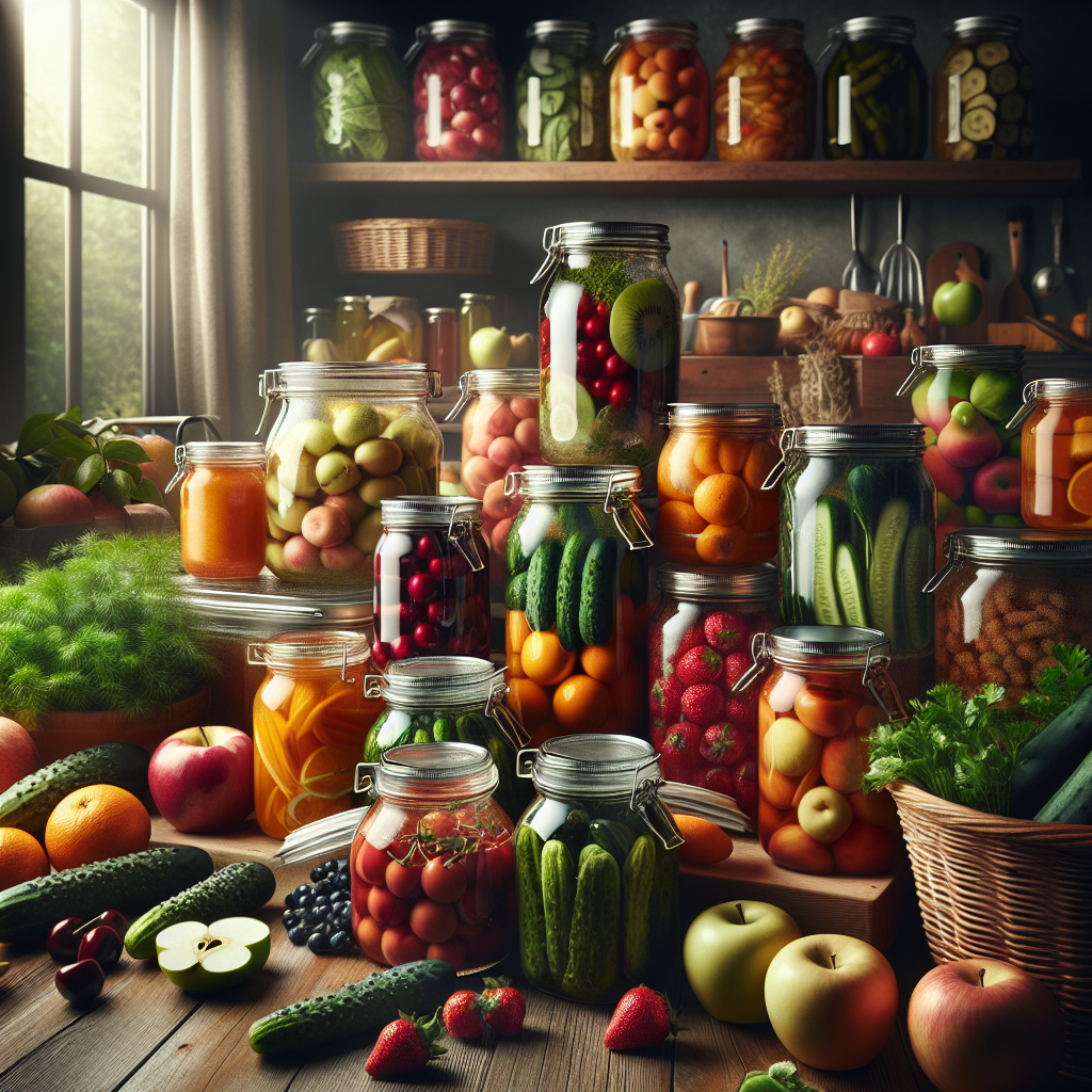 A realistic image of a kitchen set up for home canning with jars of preserves and various fruits and vegetables.