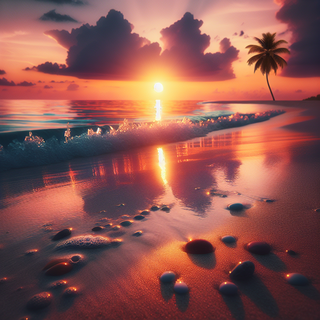 A realistic beach scene with ocean waves, sandy shore, and a sunset backdrop.