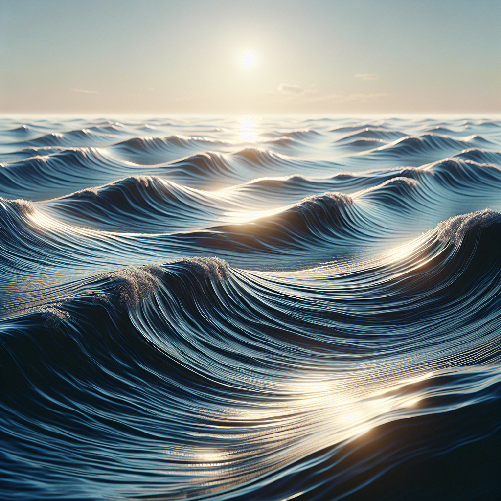 A realistic image of an ocean with rolling waves and gentle sunlight reflecting on the water.