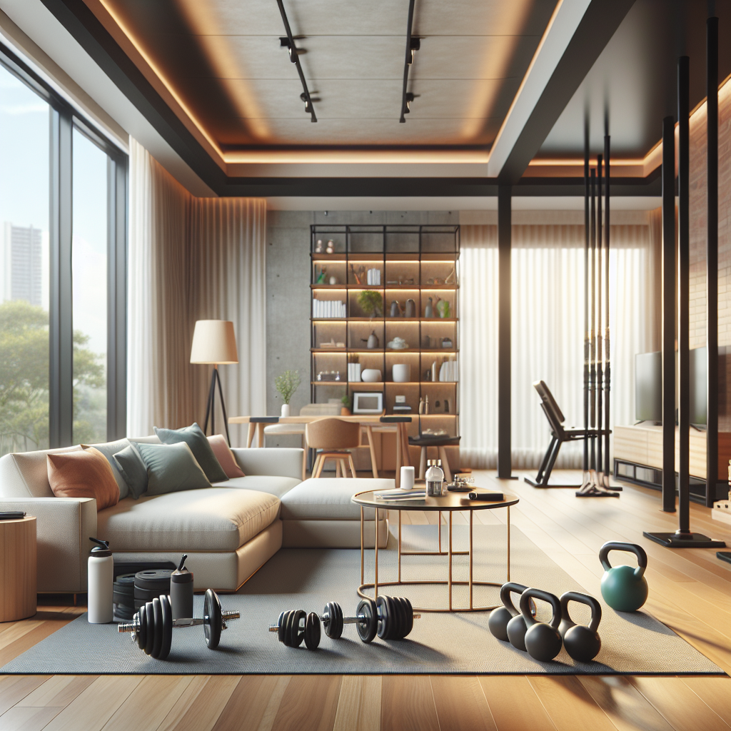 A realistic home fitness setup in a modern living room with exercise equipment and natural lighting.