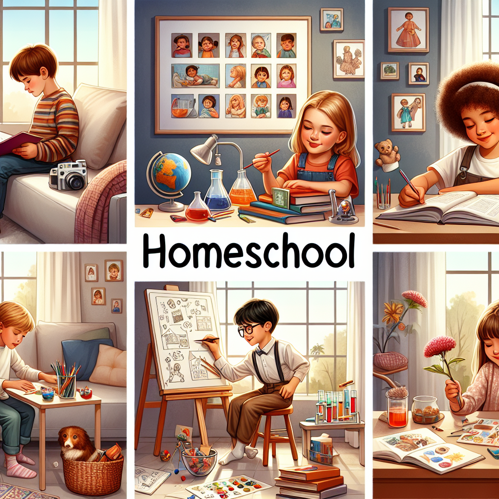 Children engaging in various homeschool activities in a realistic, cozy home setting with natural light.