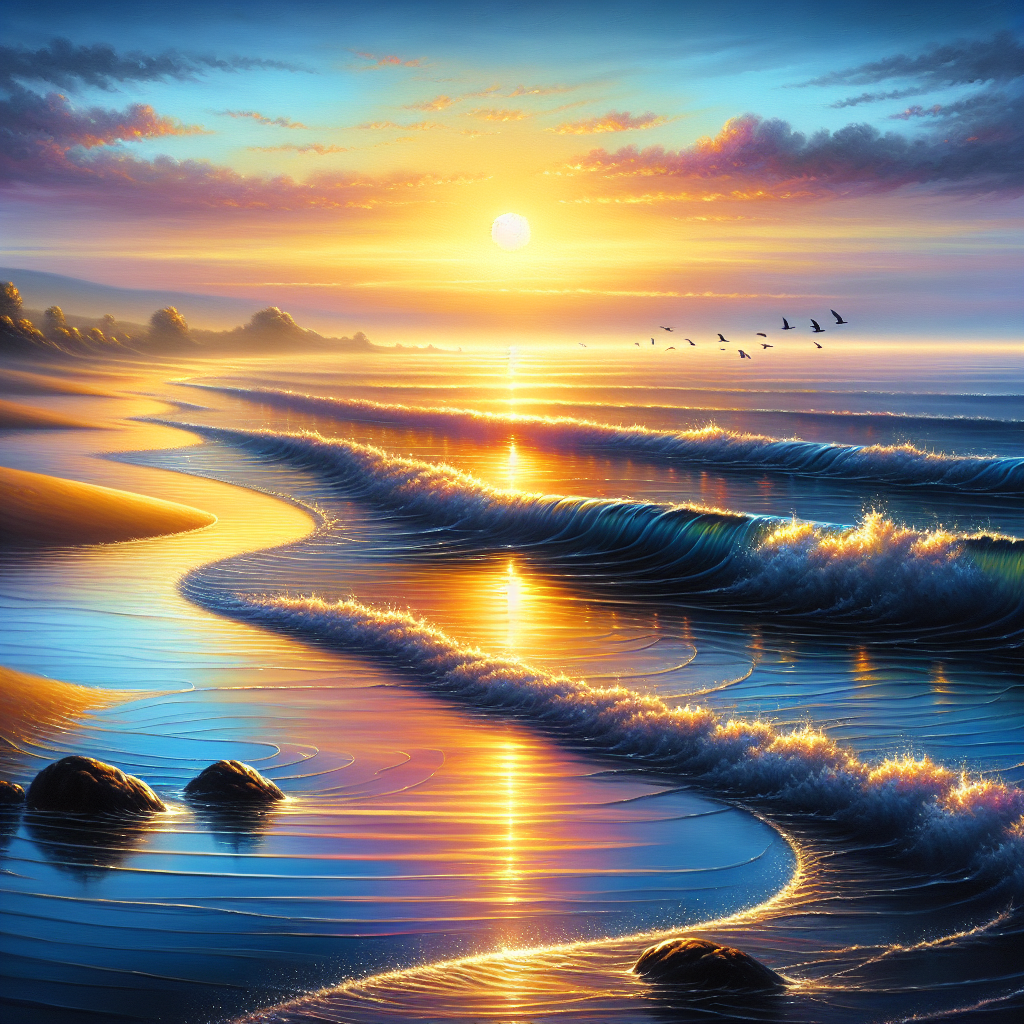 A realistic beach scene at sunrise with gentle waves, warm golden hues, and birds in the distance.