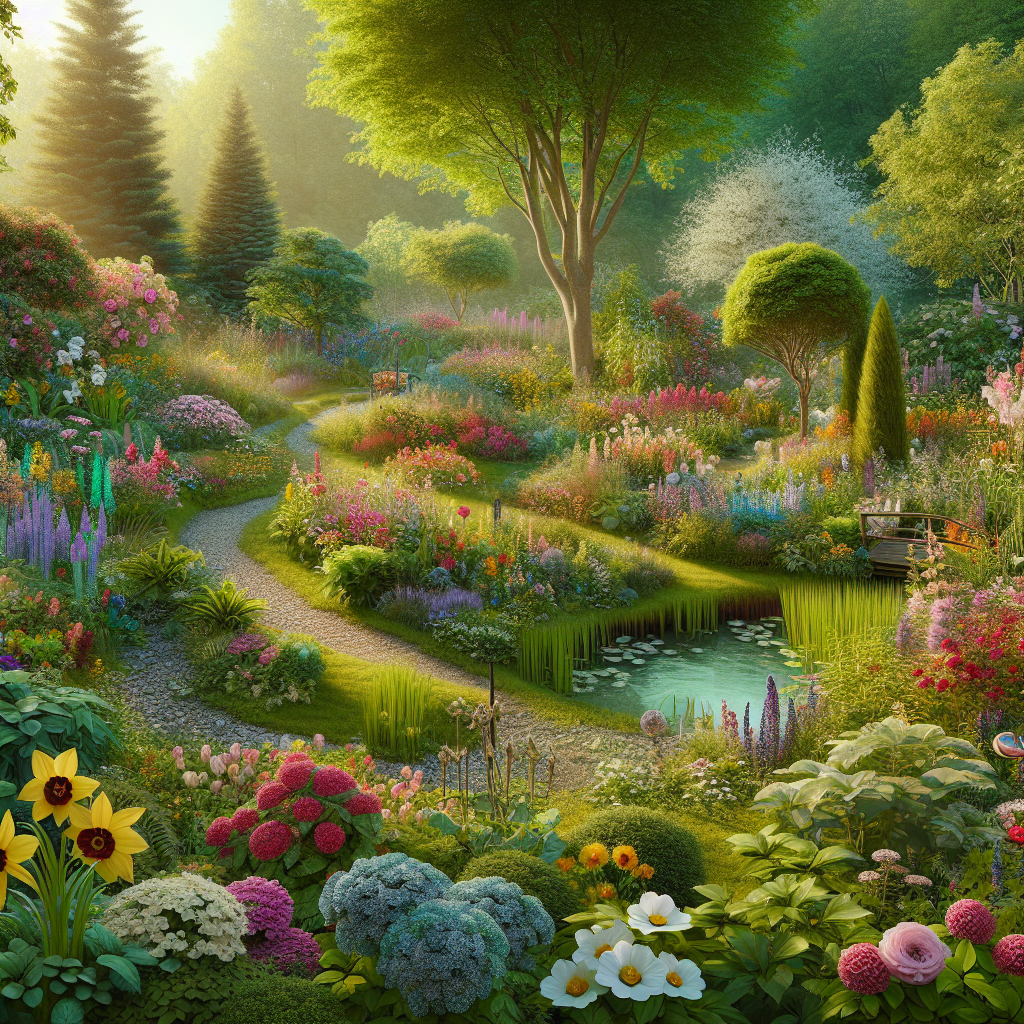 A realistic depiction of a seasonal garden with vibrant flowers, diverse plant species, and green foliage.