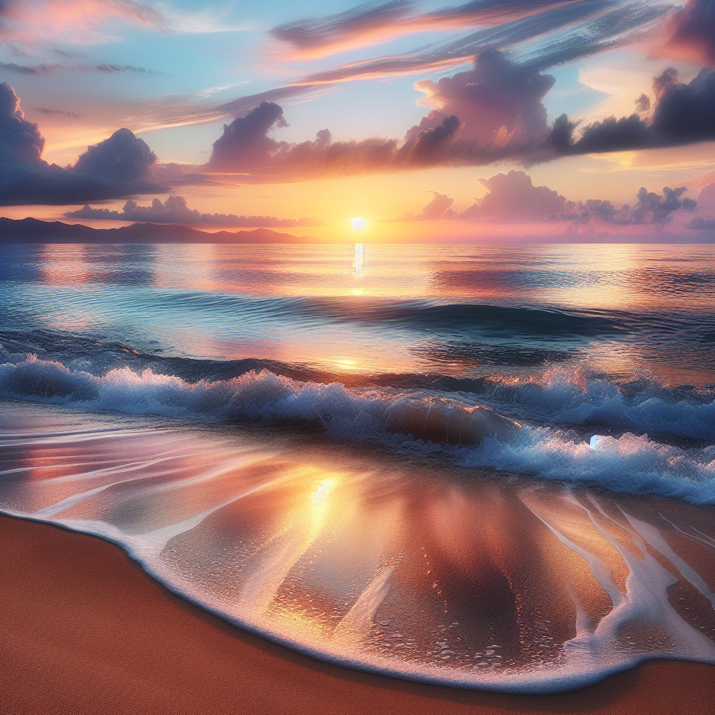 Realistic ocean scene at sunrise with gentle waves and pastel sky.