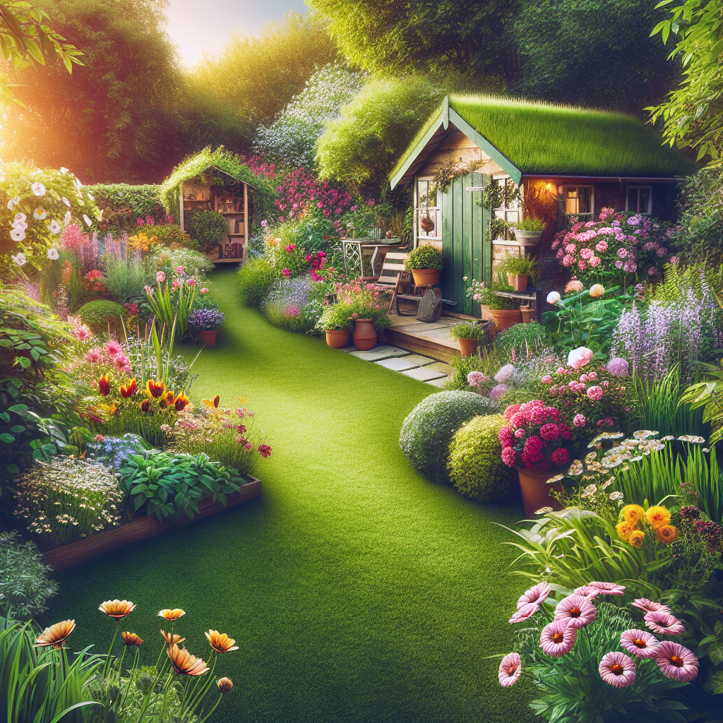 A serene backyard garden with various flowers, plants, a garden shed, gardening tools, and a cozy seating area.
