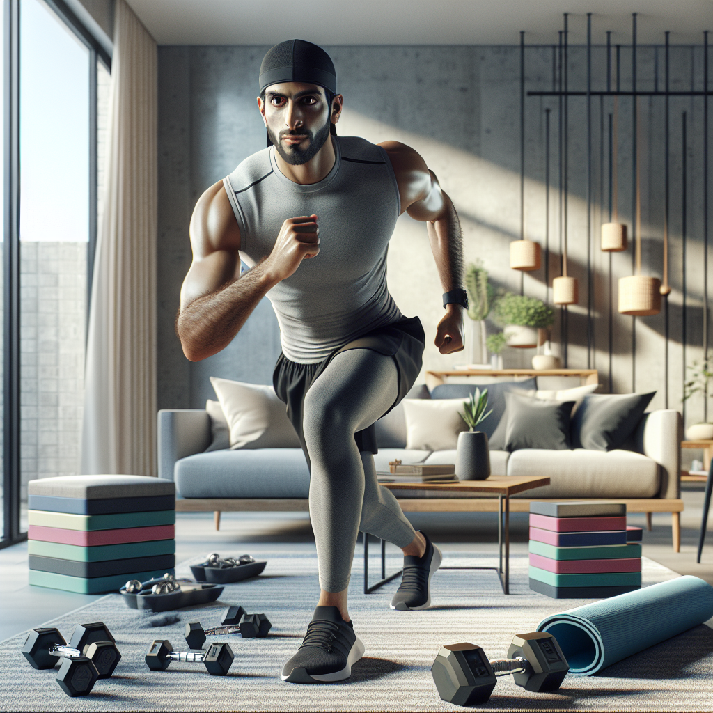 A person performing a home workout in a modern living room with fitness equipment.