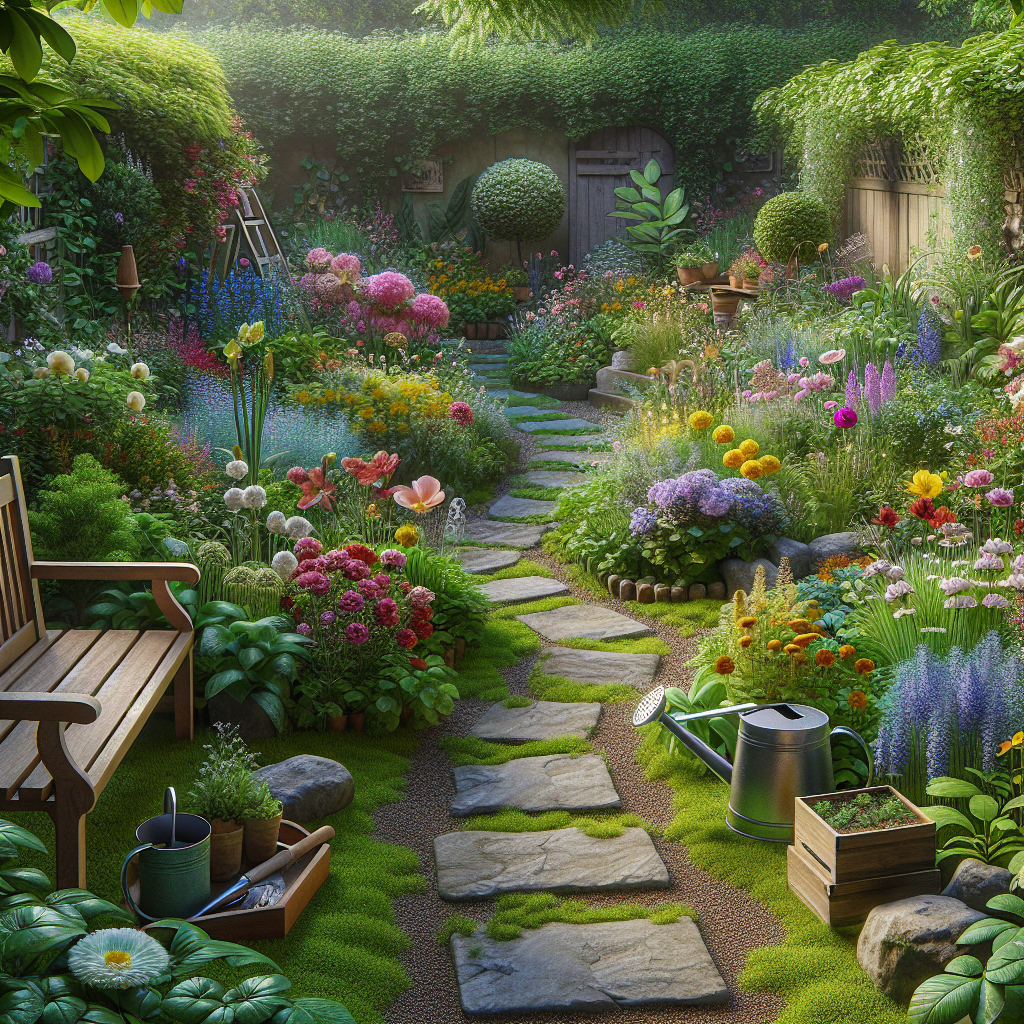A vibrant and realistic backyard garden with various flowers, a stone pathway, and gardening tools.