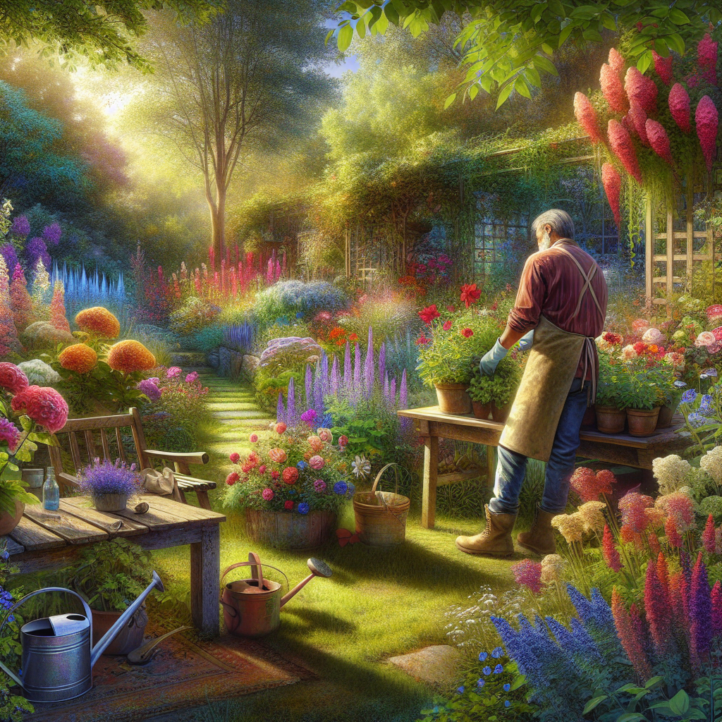 A realistic image of a serene garden in bloom with a gardener tending to plants.
