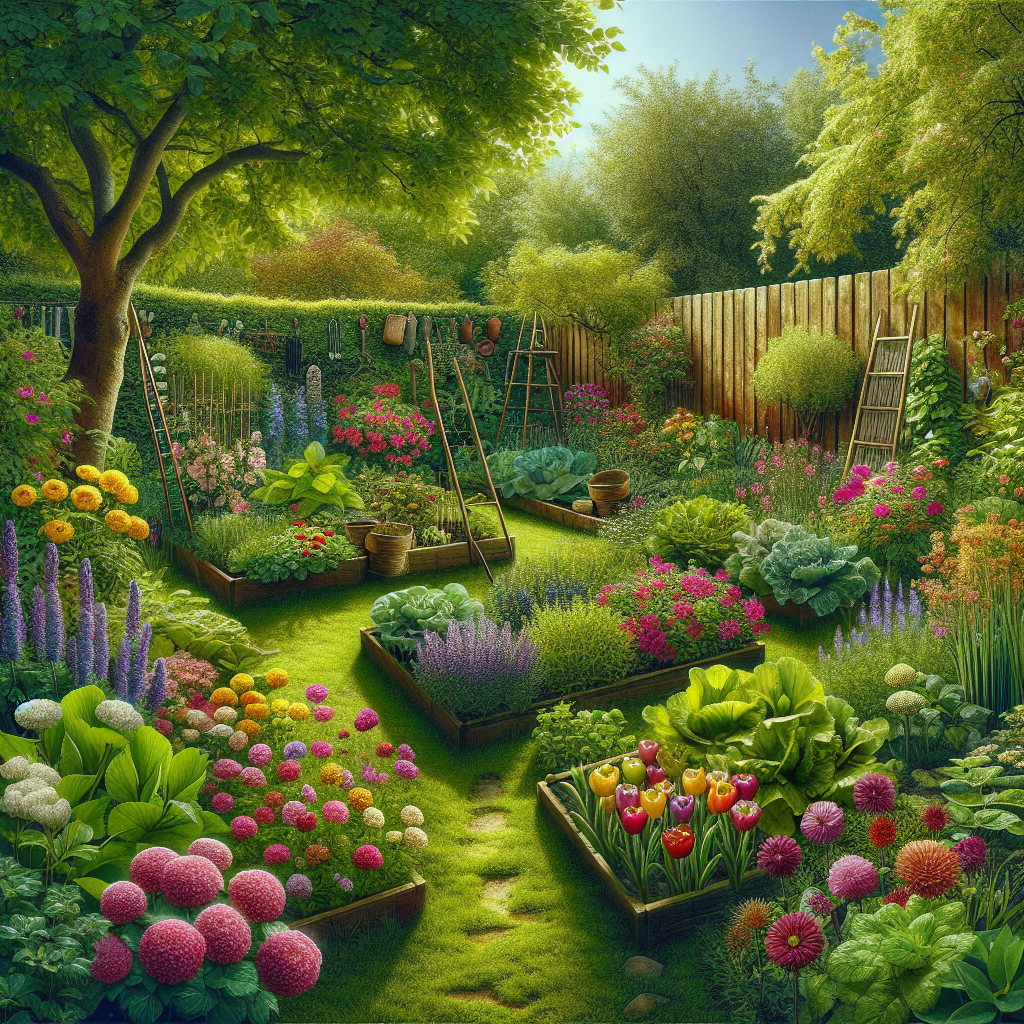 A realistic backyard garden with flowers, plants, vegetables, garden tools, and a wooden fence.