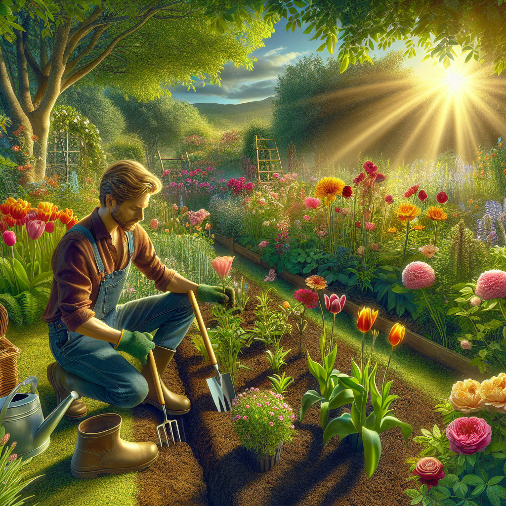 A realistic depiction of seasonal gardening in a vibrant, sunlit garden with various blooming flowers, green foliage, and a gardener at work.