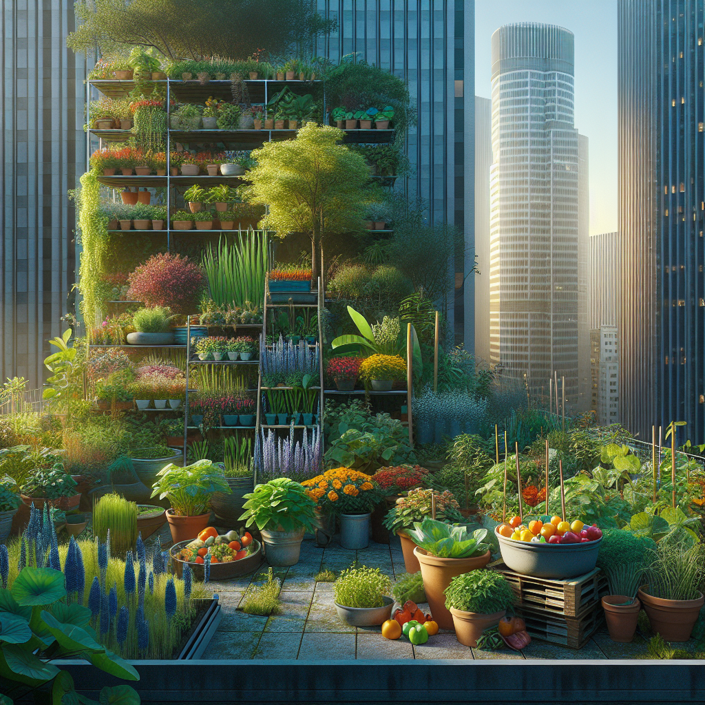 A realistic depiction of urban gardening on a city rooftop.